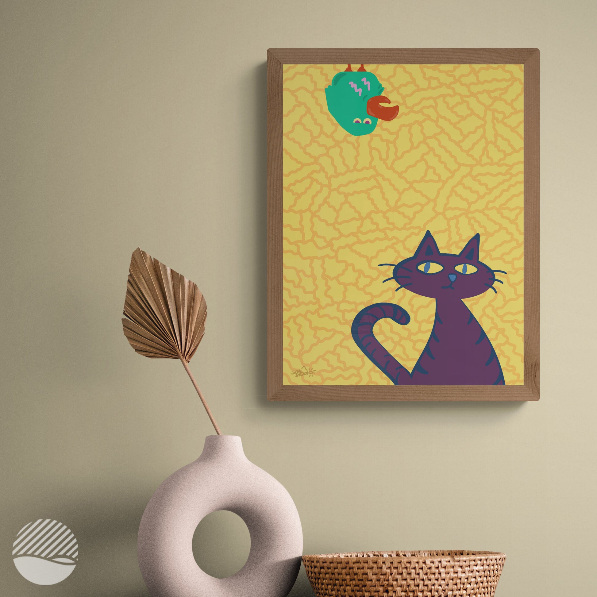 Bird and Cat art print by SOAL Studio - Sun edition in livingroom